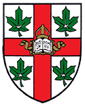 Shield of the Anglican Church of Canada coat of arms featuring a red cross on a white field with green maple leaves and an open Bible at the centre.